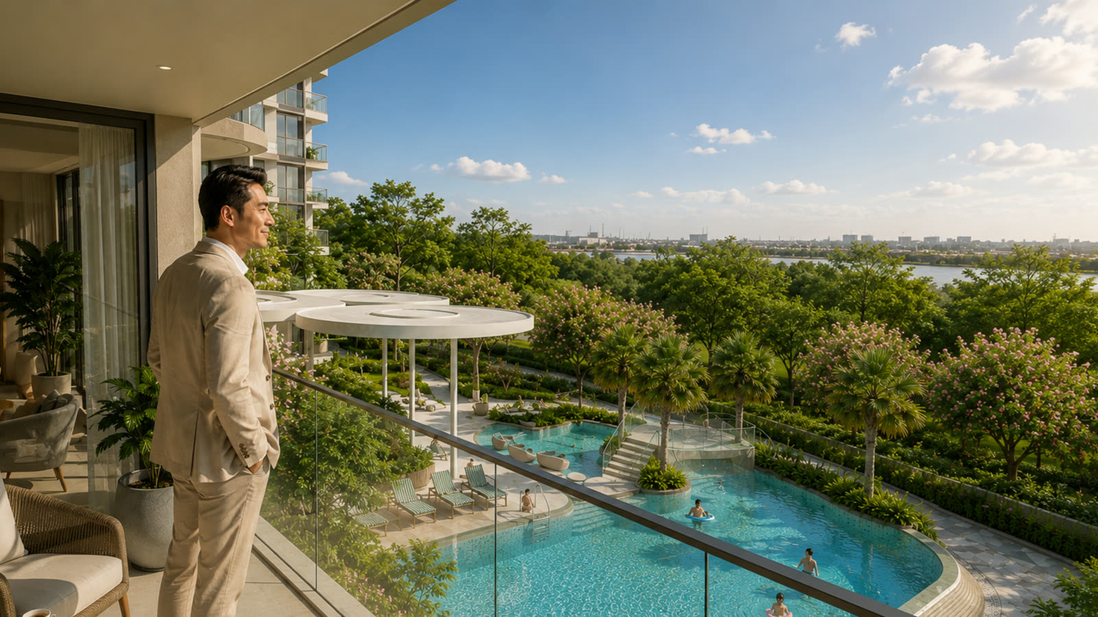 View từ ban công tháp B1 nhìn về khu biệt thự và sông